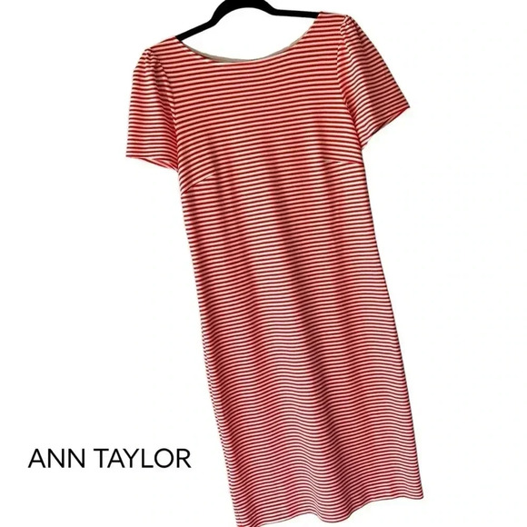 ANN TAYLOR | NWOT | SHORT SLEEVE RED WHITE STRIPE MIDI DRESS ZIPPER | SIZE: 4 - Picture 1 of 8